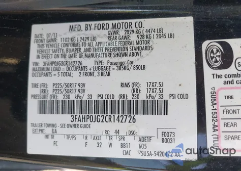 2012 Ford Fusion Sel z USA, uszkodzony, nr VIN 3FAHP0JG2CR142726